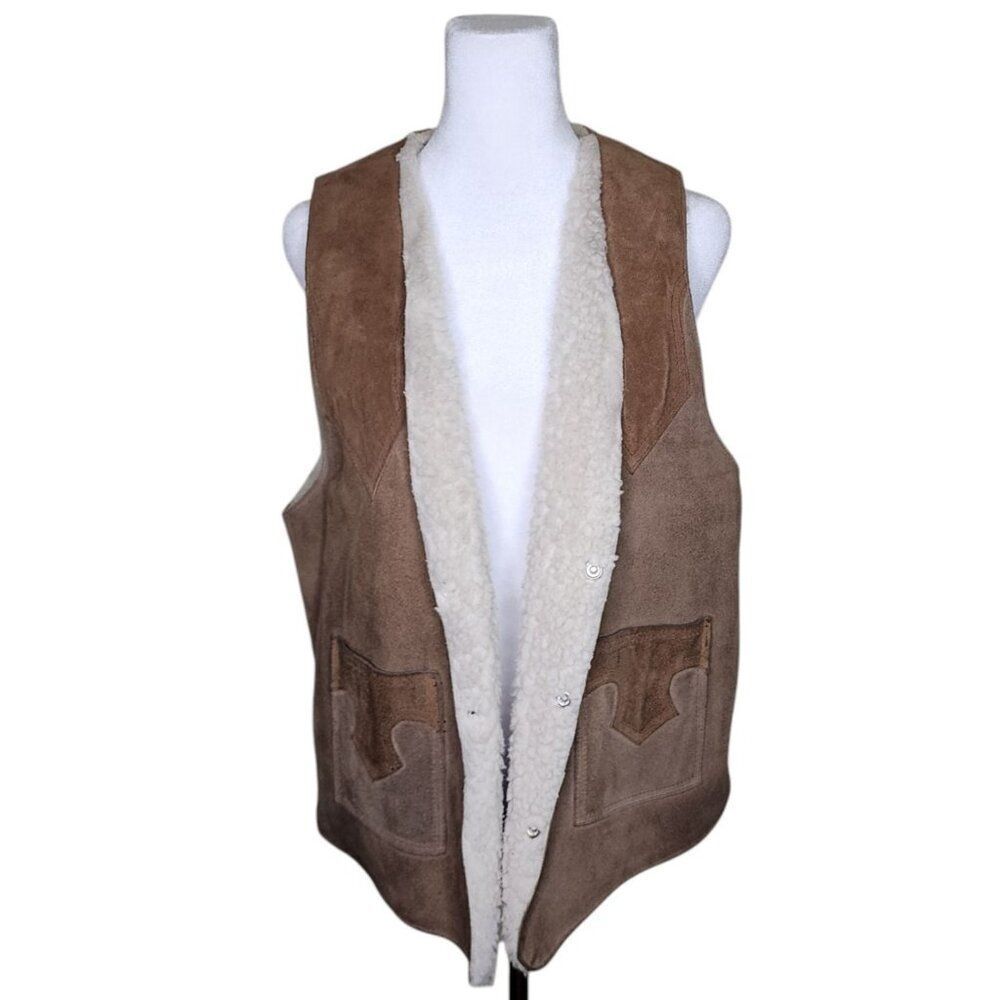 Vintage 70s Sherpa Lined Suede Western Vest Mens Size 40 Brown